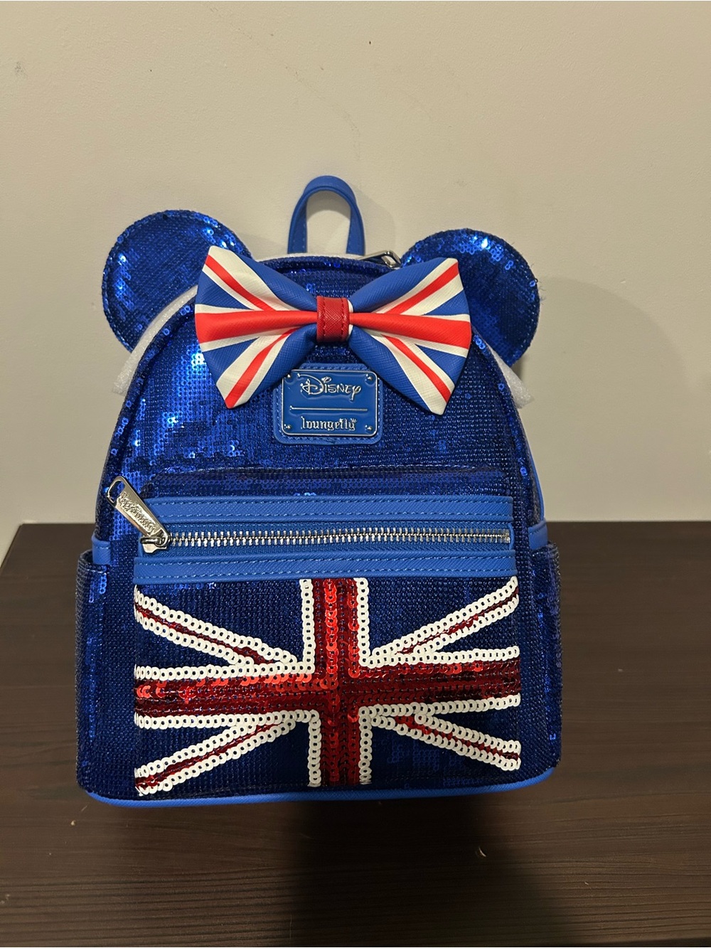 Loungefly UK Blue Sequin Flag Mini Backpack with Bow Ears
